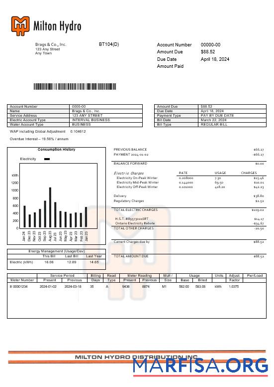 Printable Canada Milton Hydro electricitybusiness utility bill Word and PDF formats download for verification